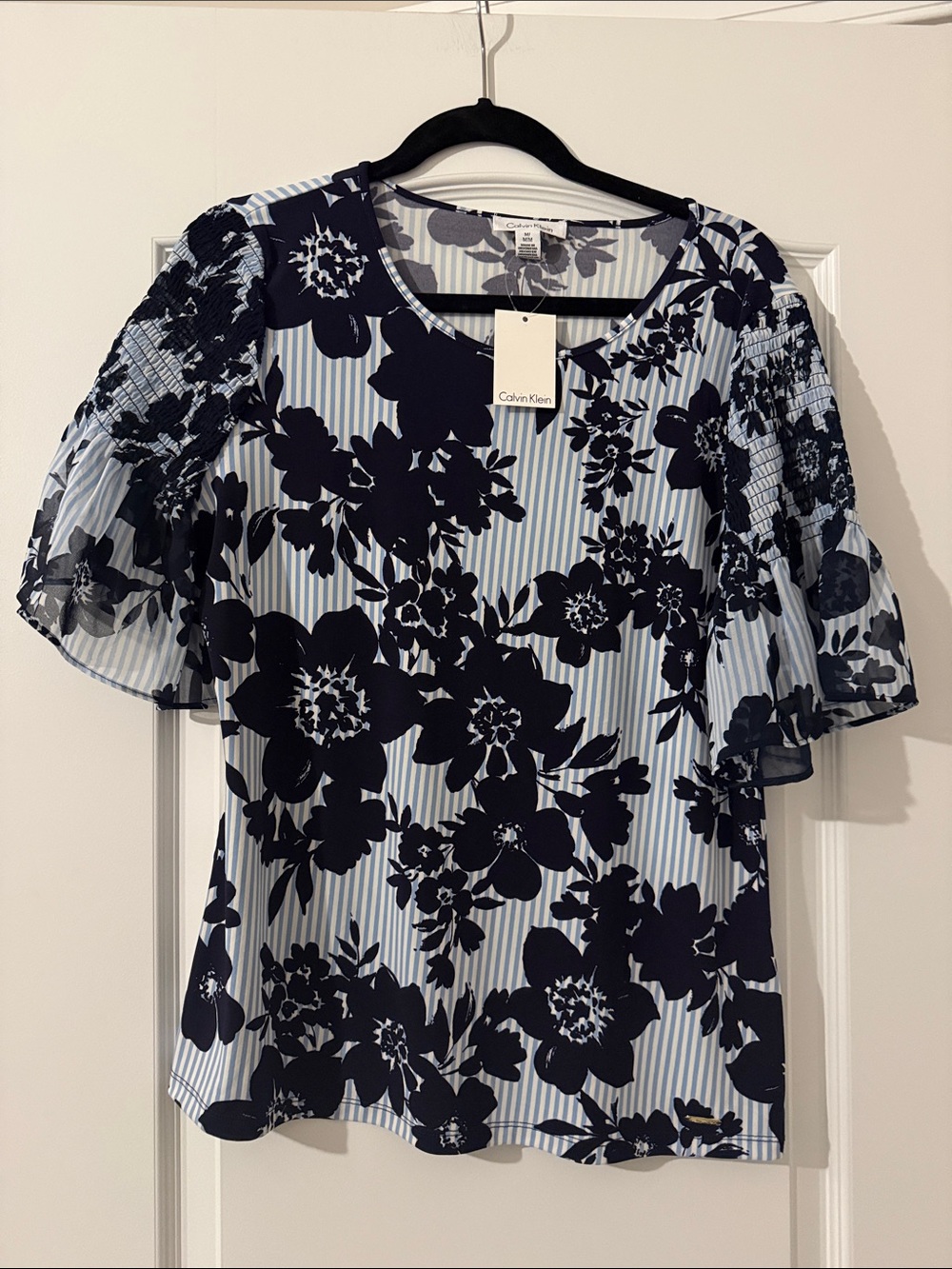 Calvin Klein Navy Floral on Light Blue Striped Flutter-Sleeve Blouse